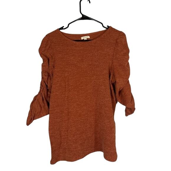 Max Studio Burnt Orange 3/4 Ruched Sleeve Boat Neck Knit Blouse Women Sz L - Picture 1 of 8